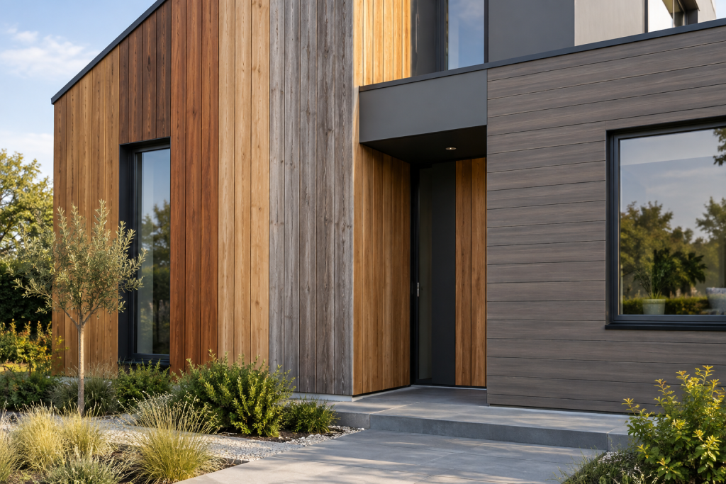 Houten gevelbekleding in verschillende houtsoorten naast composiet gevelbekleding in houtlook aan een moderne woning